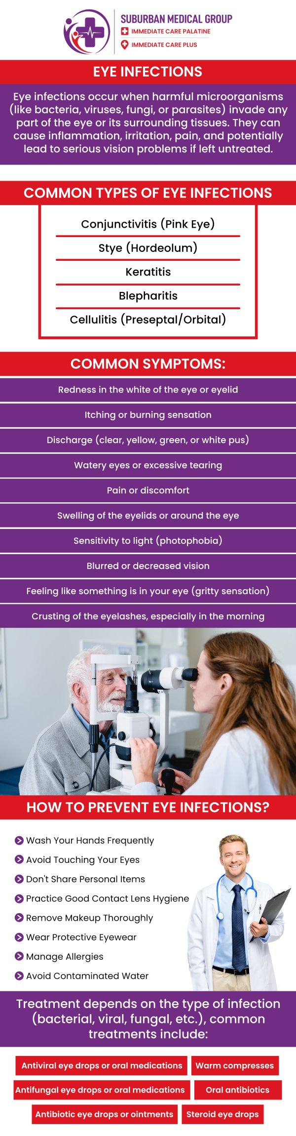 Common questions asked by patients: What symptoms indicate an eye infection needs treatment? How are bacterial, viral, and fungal eye infections different? When should you see a doctor for an eye infection? Can eye infections spread from one person to another? For more information, contact us or book an appointment online. We are located at 371 W Northwest Hwy, Palatine, IL 60067. We serve patients from Palatine IL, Rolling Meadows IL, Arlington Heights IL, Mount Prospect IL, and surrounding cities. Common questions asked by patients: What symptoms indicate an eye infection needs treatment? How are bacterial, viral, and fungal eye infections different? When should you see a doctor for an eye infection? Can eye infections spread from one person to another? For more information, contact us or book an appointment online. We are located at 371 W Northwest Hwy, Palatine, IL 60067. We serve patients from Palatine IL, Rolling Meadows IL, Arlington Heights IL, Mount Prospect IL, and surrounding cities.