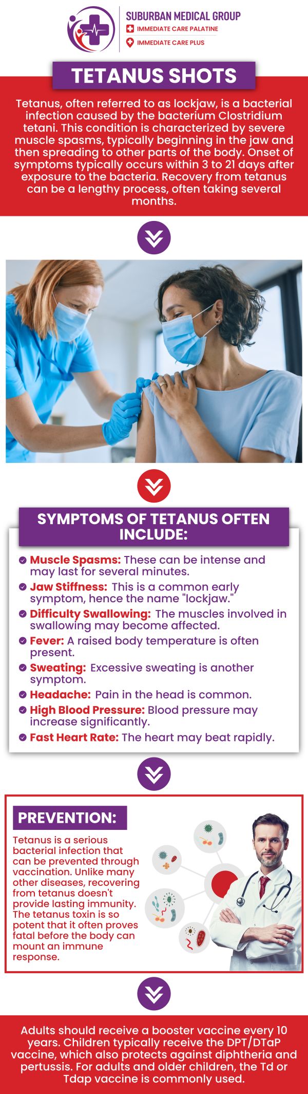 Common questions asked by patients: What is a Tetanus shot? How often do I need a Tetanus shot? Who needs a Tetanus shot? How long does a Tetanus shot last? For more information, contact us or book an appointment online. We are located at 371 W Northwest Hwy, Palatine, IL 60067. We serve patients from Palatine IL, Rolling Meadows IL, Arlington Heights IL, Mount Prospect IL, and surrounding cities. Common questions asked by patients: What is a Tetanus shot? How often do I need a Tetanus shot? Who needs a Tetanus shot? How long does a Tetanus shot last? For more information, contact us or book an appointment online. We are located at 371 W Northwest Hwy, Palatine, IL 60067. We serve patients from Palatine IL, Rolling Meadows IL, Arlington Heights IL, Mount Prospect IL, and surrounding cities.