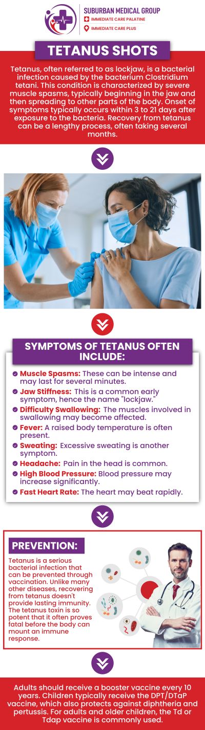 Common questions asked by patients: What is a Tetanus shot? How often do I need a Tetanus shot? Who needs a Tetanus shot? How long does a Tetanus shot last? For more information, contact us or book an appointment online. We are located at 371 W Northwest Hwy, Palatine, IL 60067. We serve patients from Palatine IL, Rolling Meadows IL, Arlington Heights IL, Mount Prospect IL, and surrounding cities. Common questions asked by patients: What is a Tetanus shot? How often do I need a Tetanus shot? Who needs a Tetanus shot? How long does a Tetanus shot last? For more information, contact us or book an appointment online. We are located at 371 W Northwest Hwy, Palatine, IL 60067. We serve patients from Palatine IL, Rolling Meadows IL, Arlington Heights IL, Mount Prospect IL, and surrounding cities.