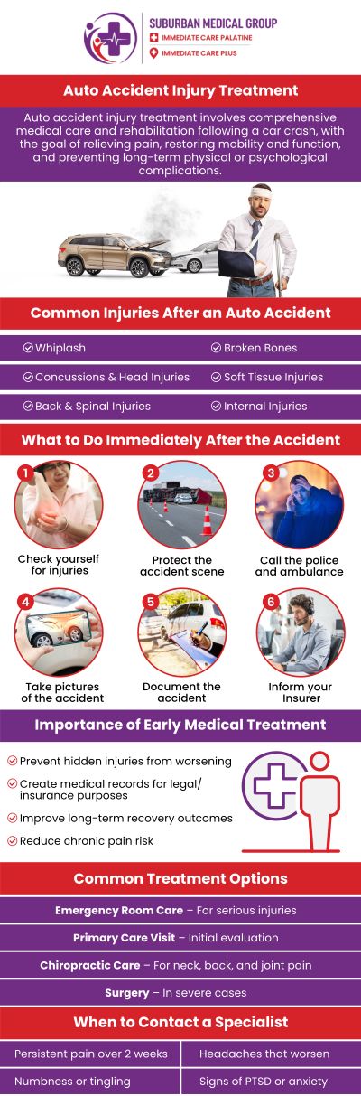 Common questions asked by patients: What are the common symptoms of an auto accident injury? When should I seek medical care after an auto accident injury? Can an auto accident injury cause pain days after the crash? What types of auto accident injury conditions can urgent care treat? For more information, contact us or book an appointment online. We are conveniently located at 693 W Boughton Rd, Bolingbrook, IL 60440. We serve patients from Bolingbrook IL, Romeoville IL, Naperville IL, Woodridge IL, and surrounding cities.