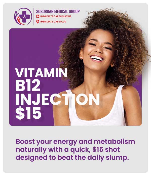 Common questions asked by patients: What are Vitamin B12 Injections and how do they work? Who may benefit from Vitamin B12 Injections? How often should you get Vitamin B12 Injections for best results? Can Vitamin B12 Injections help improve energy levels and fatigue? For more information, contact us or book an appointment online. We are located at 371 W Northwest Hwy, Palatine, IL 60067. We serve patients from Palatine IL, Rolling Meadows IL, Arlington Heights IL, Mount Prospect IL, and surrounding cities. Common questions asked by patients: What are Vitamin B12 Injections and how do they work? Who may benefit from Vitamin B12 Injections? How often should you get Vitamin B12 Injections for best results? Can Vitamin B12 Injections help improve energy levels and fatigue? For more information, contact us or book an appointment online. We are located at 371 W Northwest Hwy, Palatine, IL 60067. We serve patients from Palatine IL, Rolling Meadows IL, Arlington Heights IL, Mount Prospect IL, and surrounding cities.