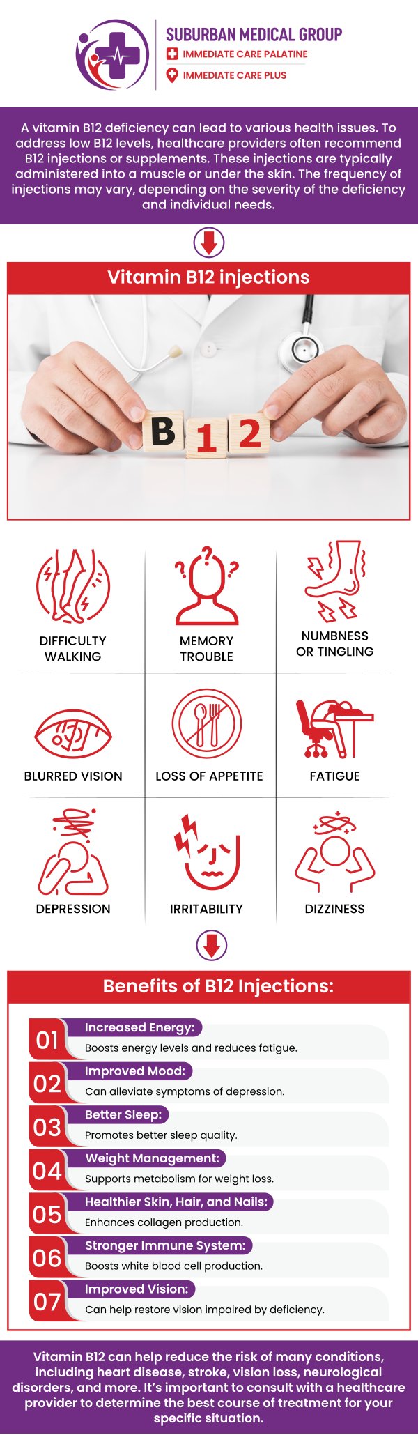 Common questions asked by patients: What are Vitamin B12 Injections and how do they work? Who may benefit from Vitamin B12 Injections? How often should you get Vitamin B12 Injections for best results? Can Vitamin B12 Injections help improve energy levels and fatigue? For more information, contact us or book an appointment online. We are located at 371 W Northwest Hwy, Palatine, IL 60067. We serve patients from Palatine IL, Rolling Meadows IL, Arlington Heights IL, Mount Prospect IL, and surrounding cities. Common questions asked by patients: What are Vitamin B12 Injections and how do they work? Who may benefit from Vitamin B12 Injections? How often should you get Vitamin B12 Injections for best results? Can Vitamin B12 Injections help improve energy levels and fatigue? For more information, contact us or book an appointment online. We are located at 371 W Northwest Hwy, Palatine, IL 60067. We serve patients from Palatine IL, Rolling Meadows IL, Arlington Heights IL, Mount Prospect IL, and surrounding cities.